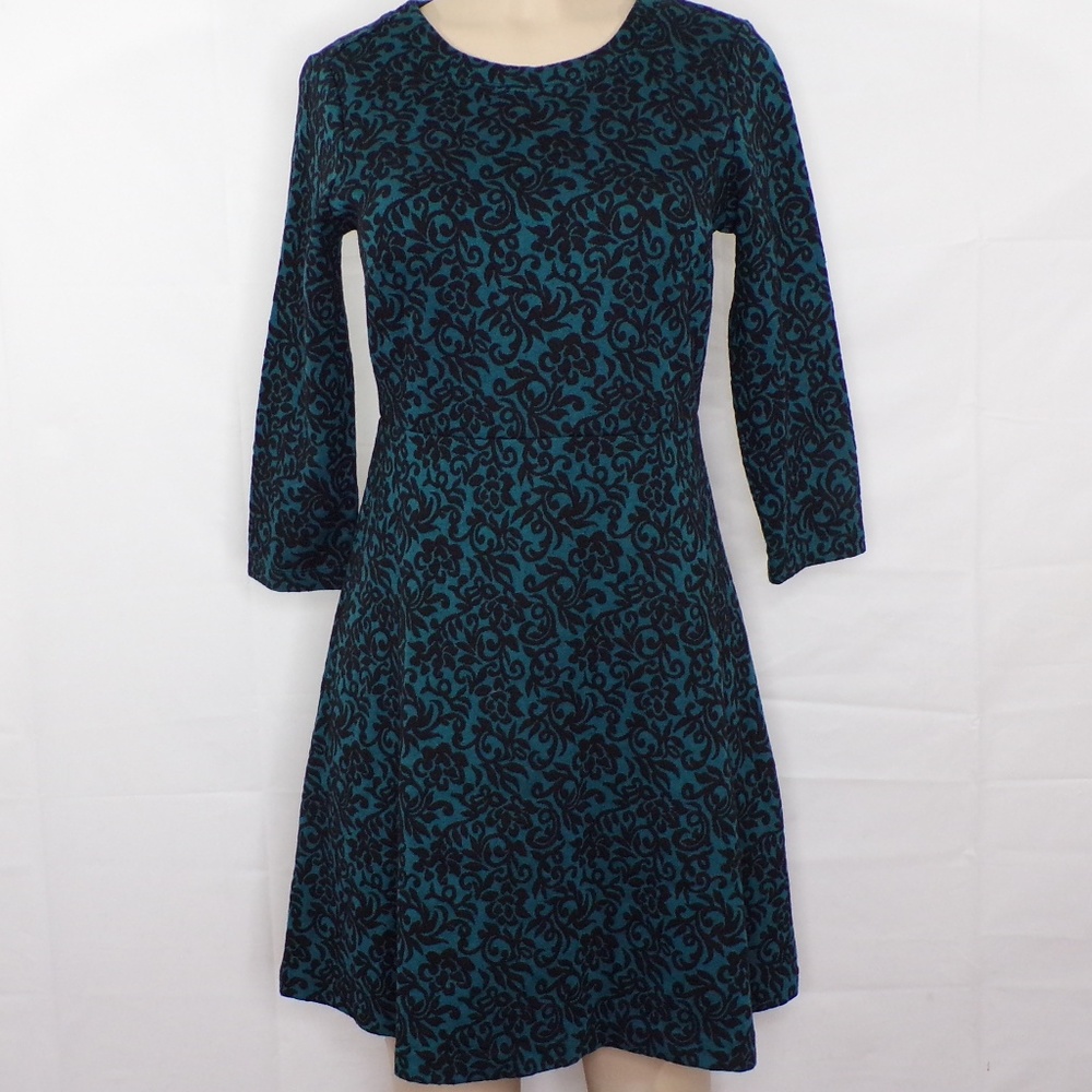 Teal and Black Patterned Women's Dress - Classic A-Line